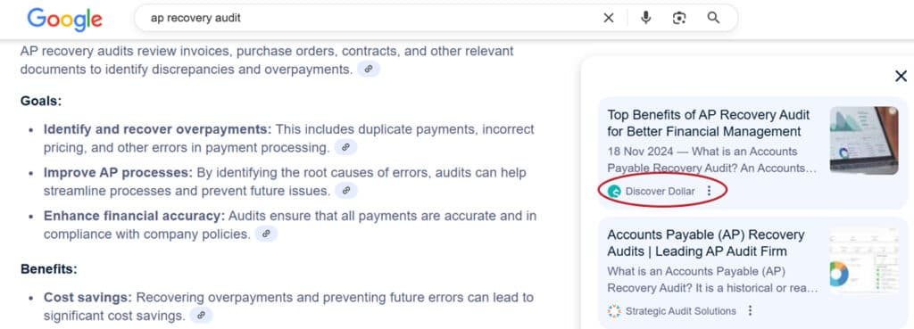 Google ranking position 1 for ap recovery audit | Nico Digital