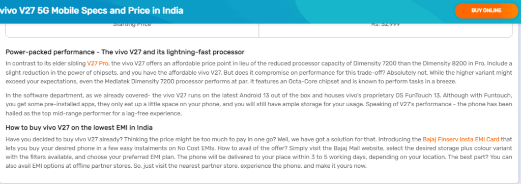 Bajaj Finserv vivo mobile specs
