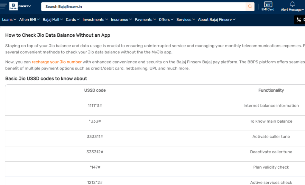 Bajaj Finserv check JIO balance